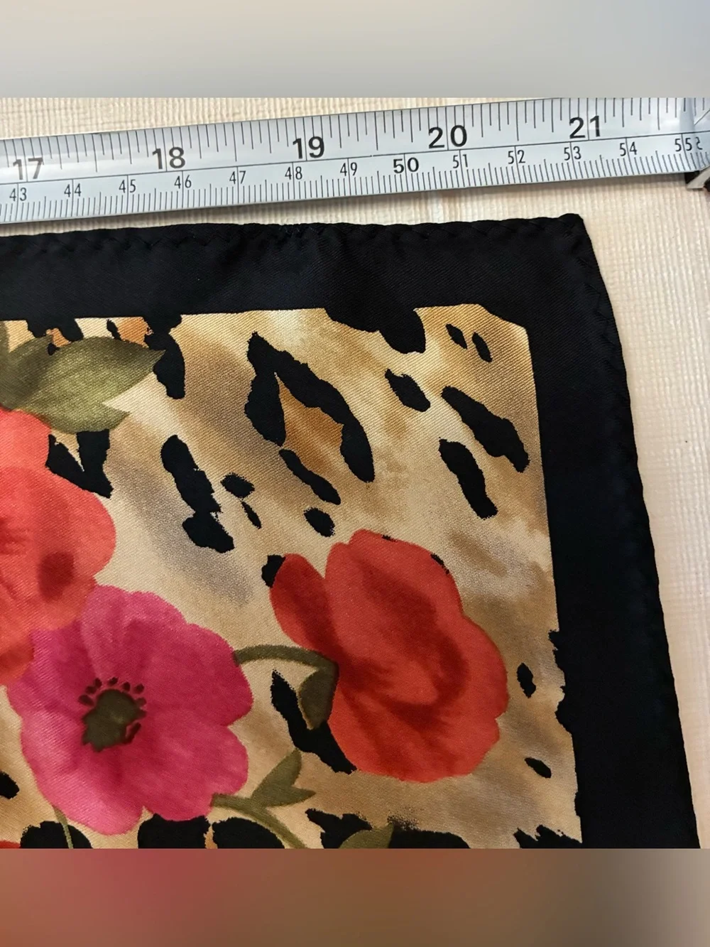 Oscar de la Renta Pink and Red Floral on Leopard Silk Scarf